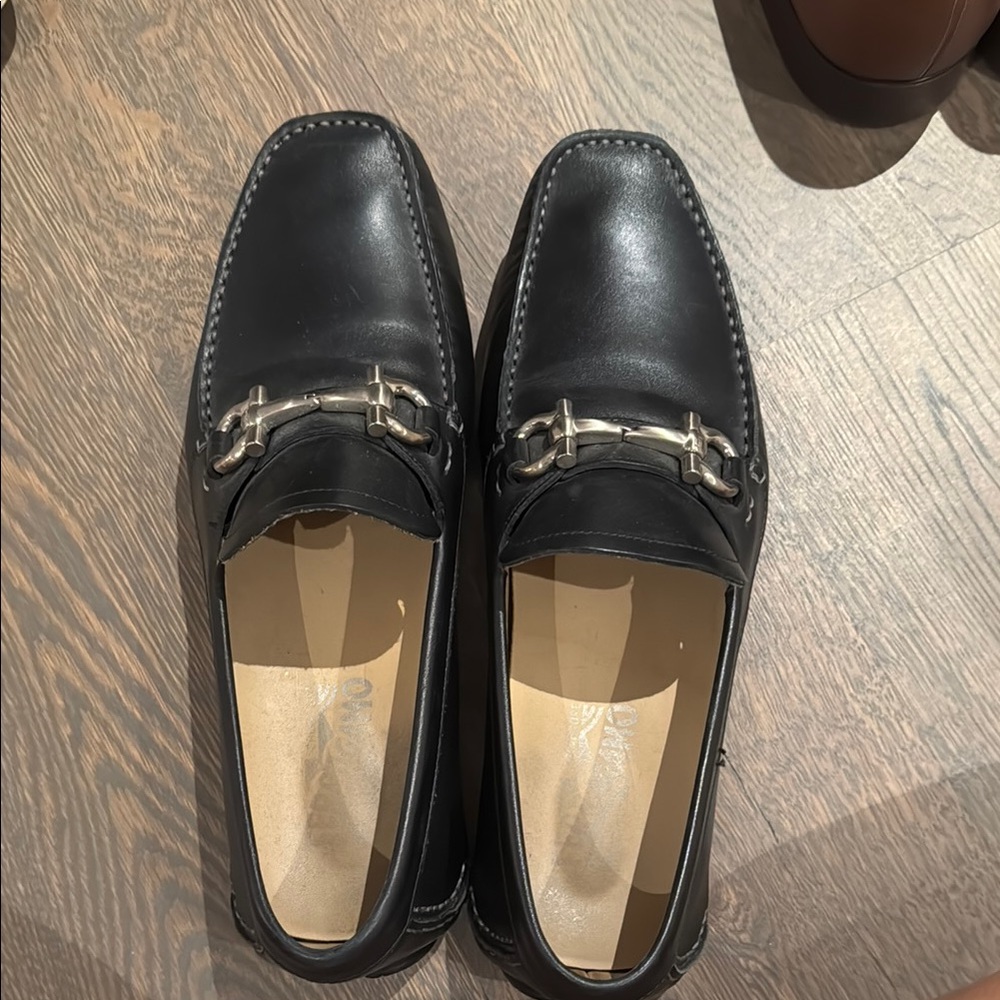 Salvatore Ferragamo Black and Silver Loafers Slip-Ons